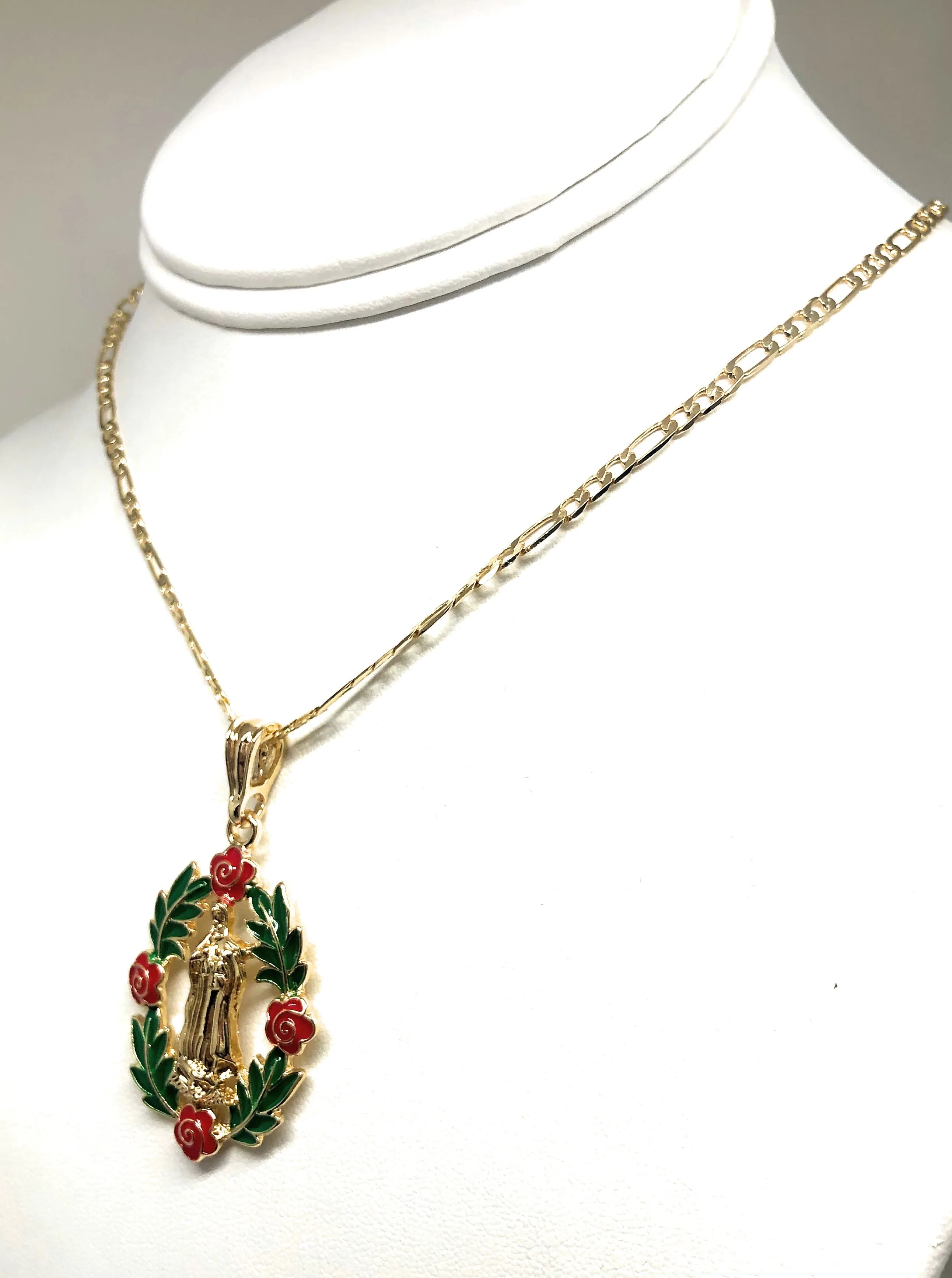 Gold Plated Tri-Color Virgin Mary Flower Pendant Necklace 24 Virgen de Guadalupe