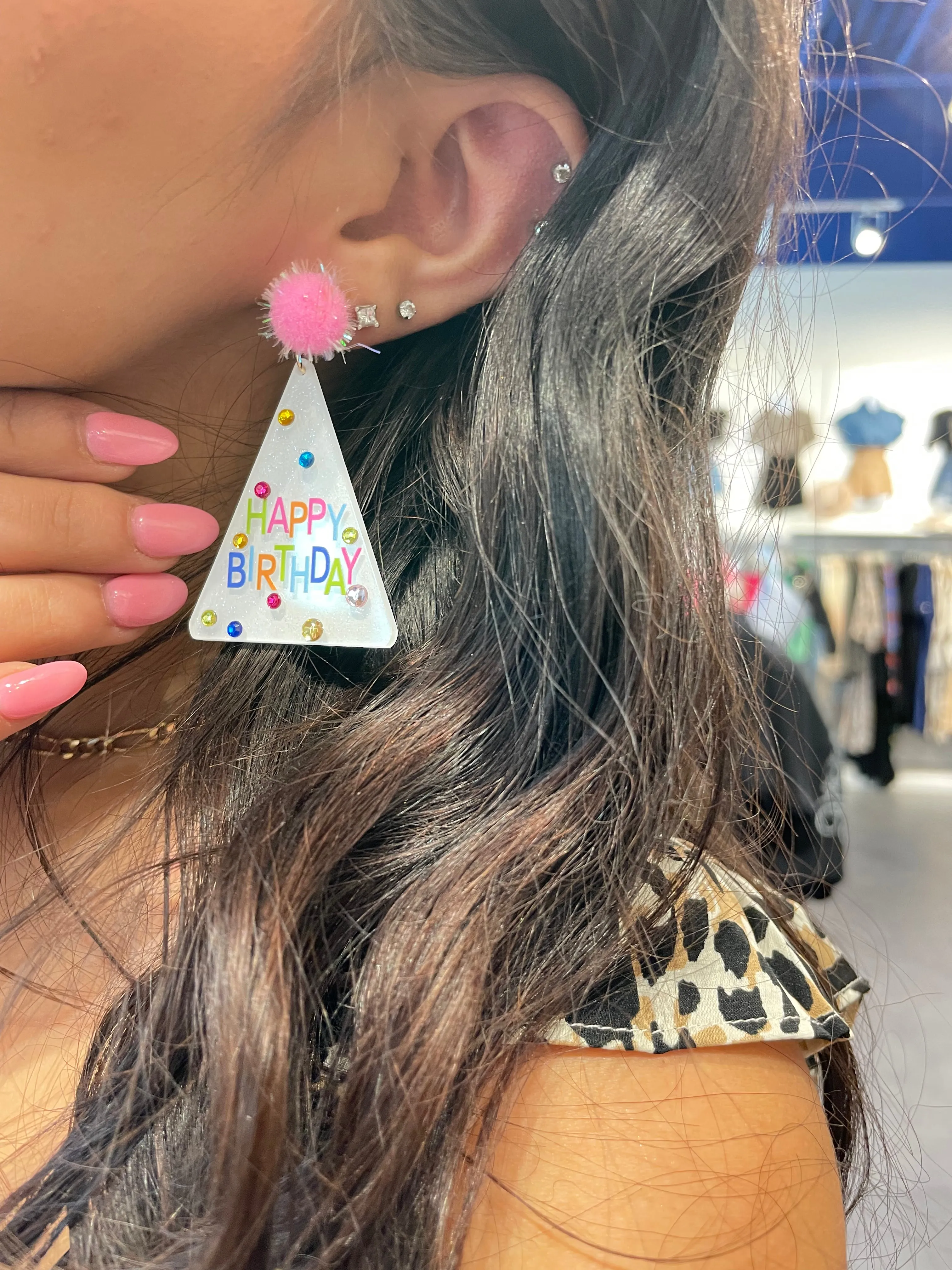 Happy Birthday Triangle Pom-Pom Earring