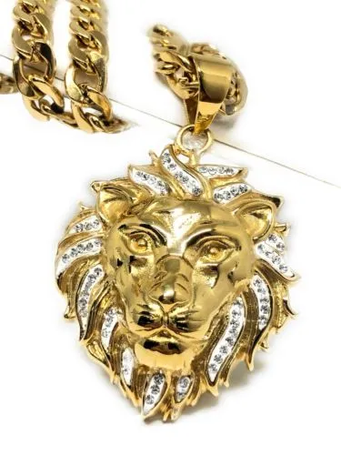 Iced Out Hip Hop Gold Plated Lion Face Head CZ Pendant 30 Cuban Link Chain 7mm