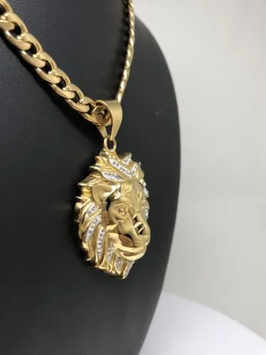 Iced Out Hip Hop Gold Plated Lion Face Head CZ Pendant 30 Cuban Link Chain 7mm