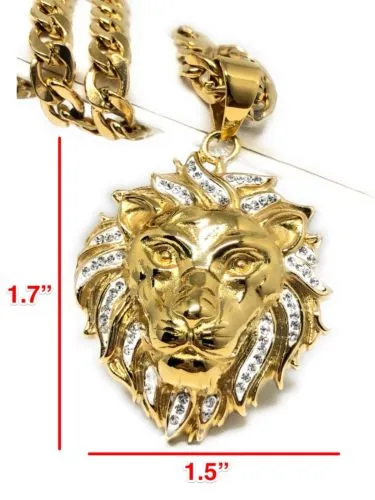 Iced Out Hip Hop Gold Plated Lion Face Head CZ Pendant 30 Cuban Link Chain 7mm