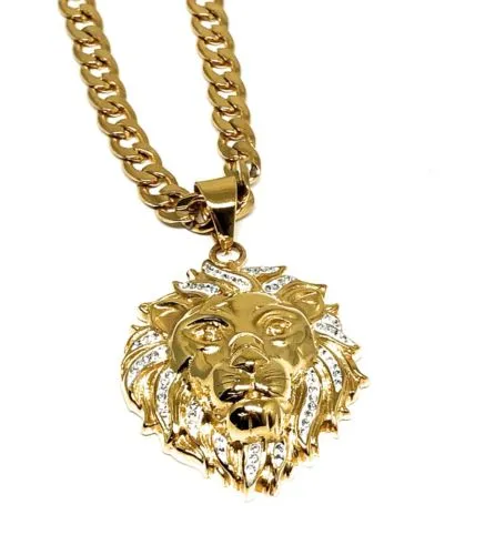 Iced Out Hip Hop Gold Plated Lion Face Head CZ Pendant 30 Cuban Link Chain 7mm