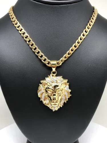 Iced Out Hip Hop Gold Plated Lion Face Head CZ Pendant 30 Cuban Link Chain 7mm