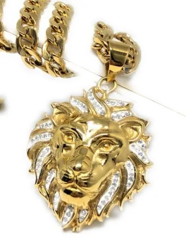 Iced Out Hip Hop Gold Plated Lion Face Head CZ Pendant 30 Cuban Link Chain 7mm