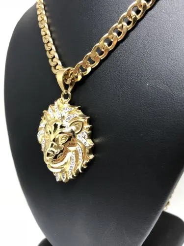 Iced Out Hip Hop Gold Plated Lion Face Head CZ Pendant 30 Cuban Link Chain 7mm