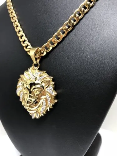 Iced Out Hip Hop Gold Plated Lion Face Head CZ Pendant 30 Cuban Link Chain 7mm