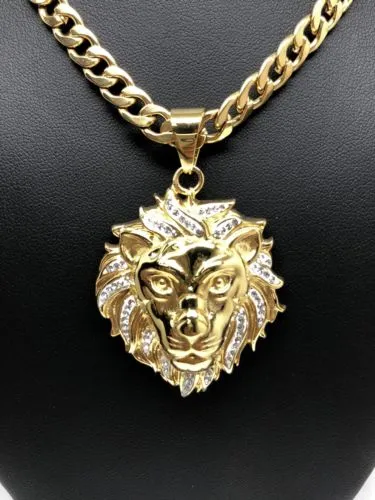 Iced Out Hip Hop Gold Plated Lion Face Head CZ Pendant 30 Cuban Link Chain 7mm