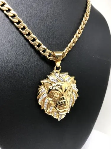 Iced Out Hip Hop Gold Plated Lion Face Head CZ Pendant 30 Cuban Link Chain 7mm