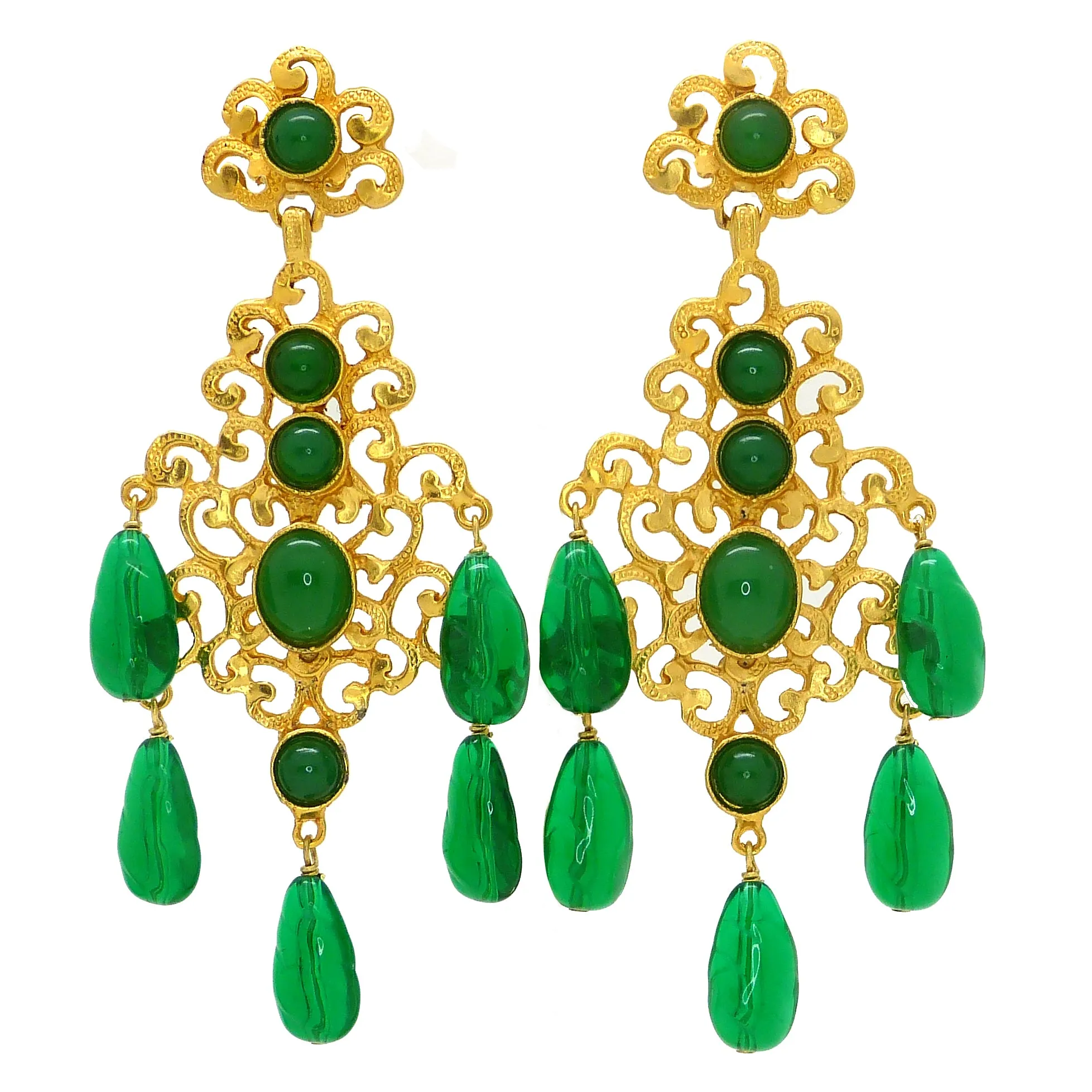 Kenneth Jay Lane KJL Emerald  Cabochon Chandalier Dangle Earrings Marked