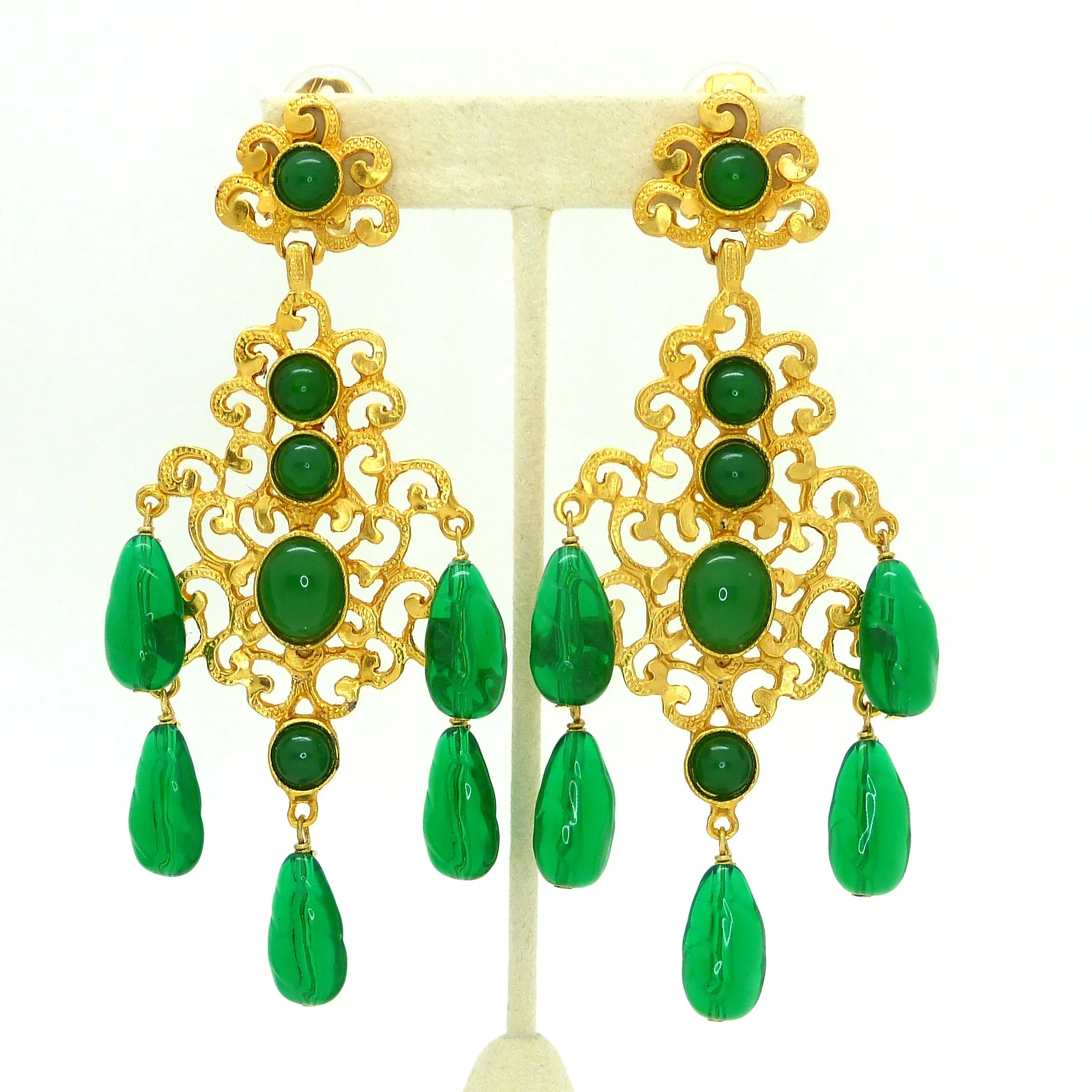 Kenneth Jay Lane KJL Emerald  Cabochon Chandalier Dangle Earrings Marked