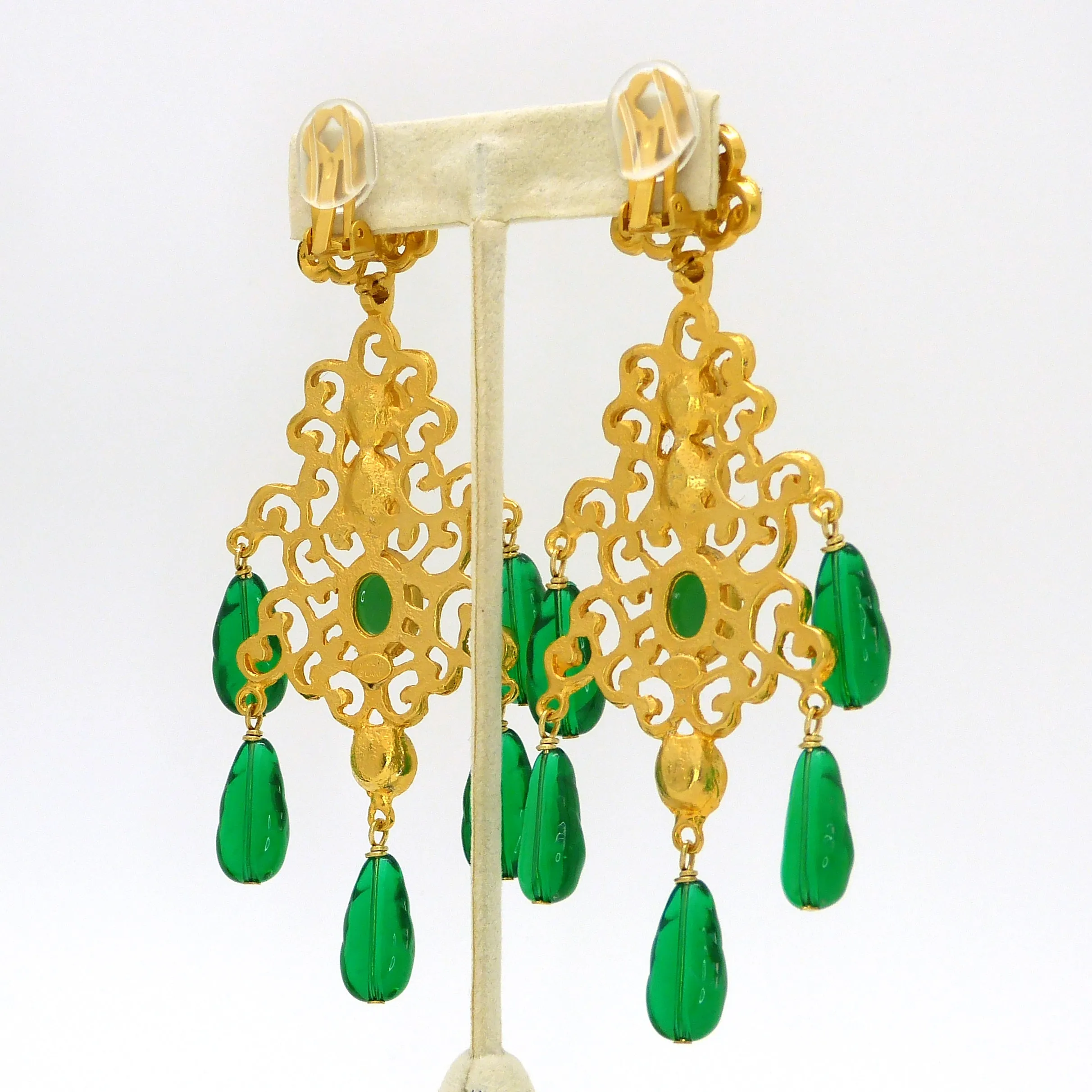 Kenneth Jay Lane KJL Emerald  Cabochon Chandalier Dangle Earrings Marked