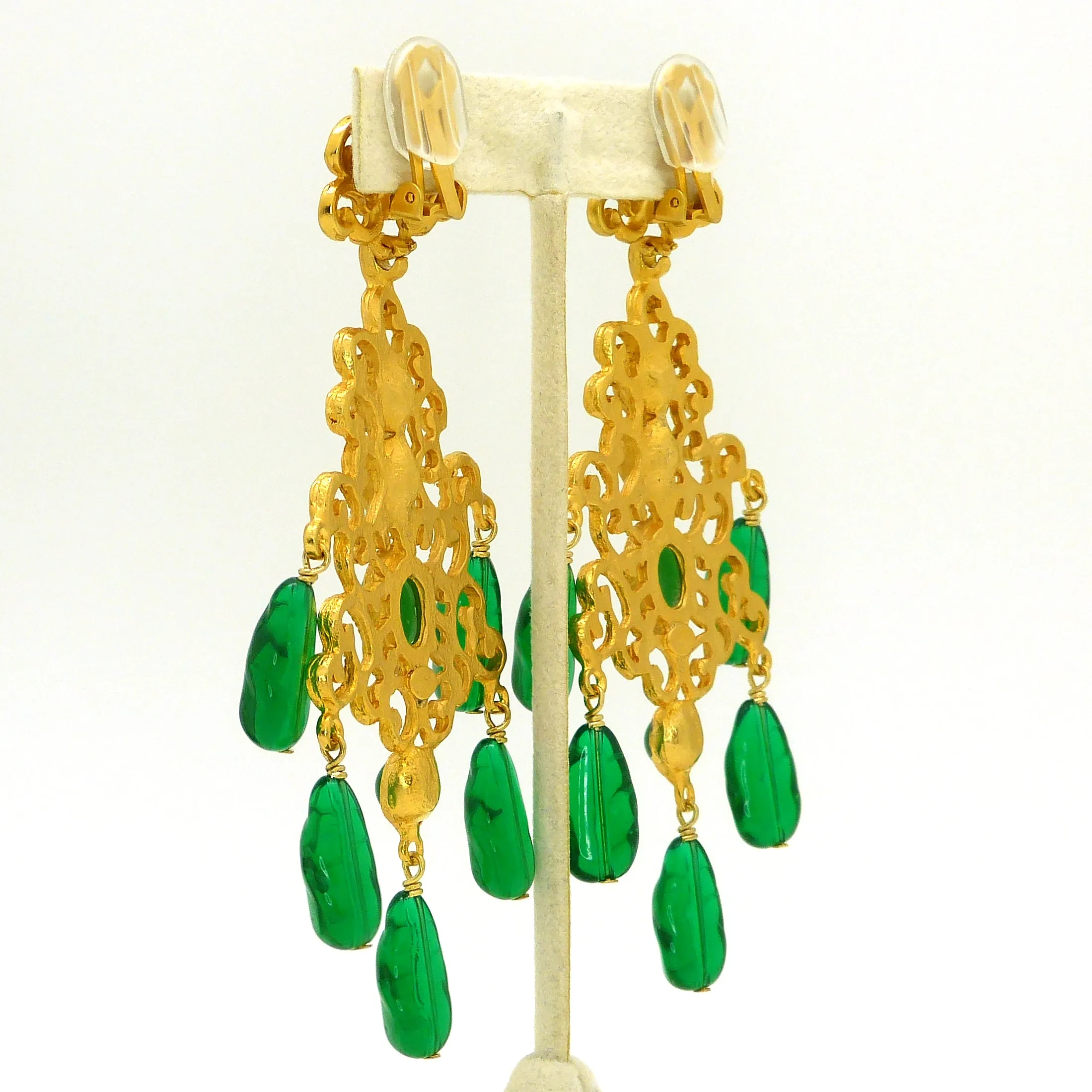 Kenneth Jay Lane KJL Emerald  Cabochon Chandalier Dangle Earrings Marked