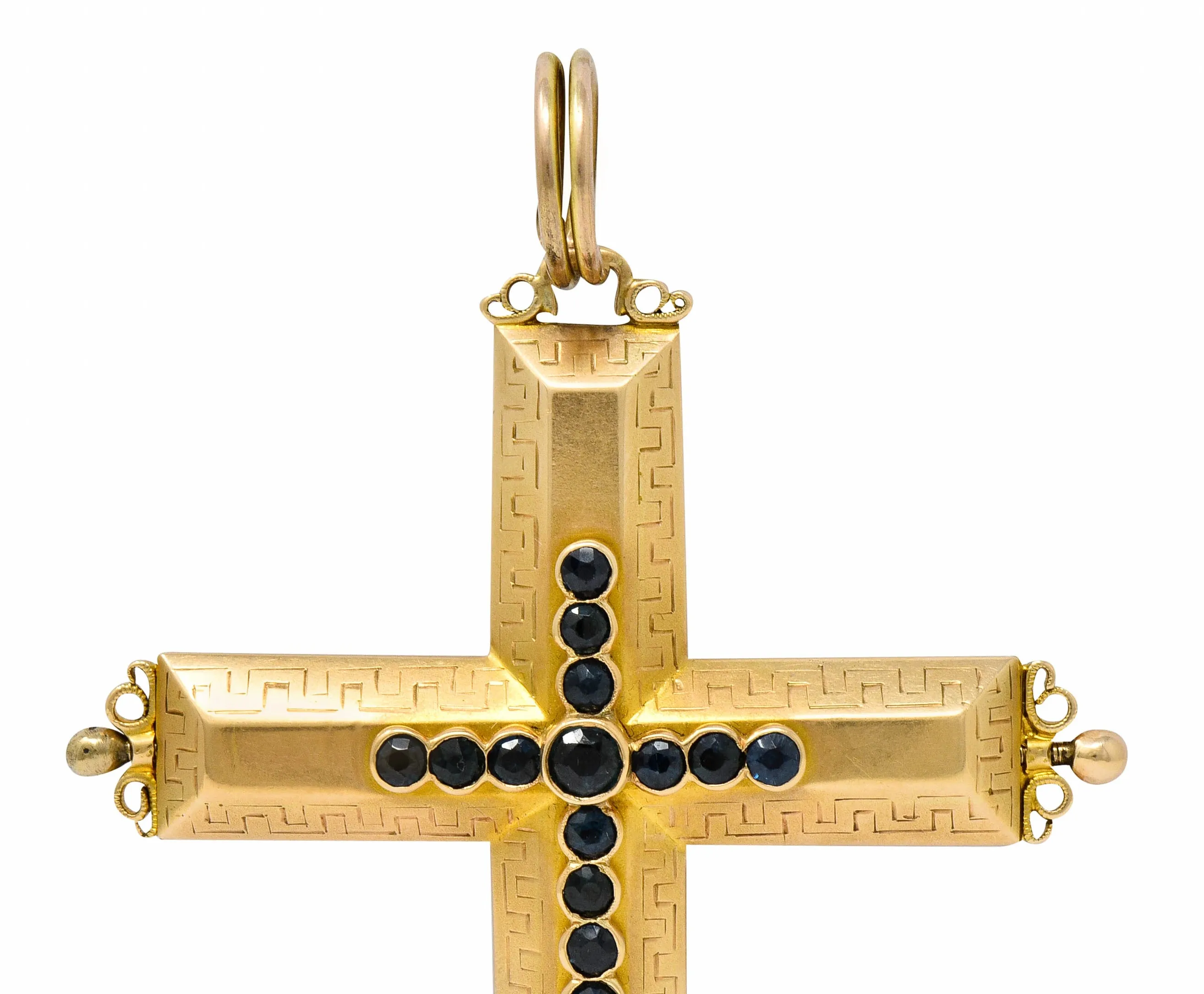 Large Victorian Sapphire 14 Karat Gold Reliquary Cross Pendant