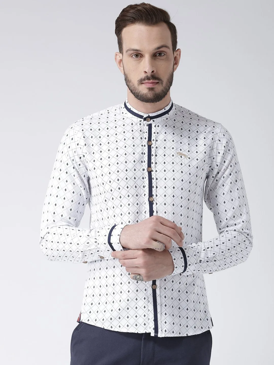 Men White Printed Cotton Slim Fit Shirt