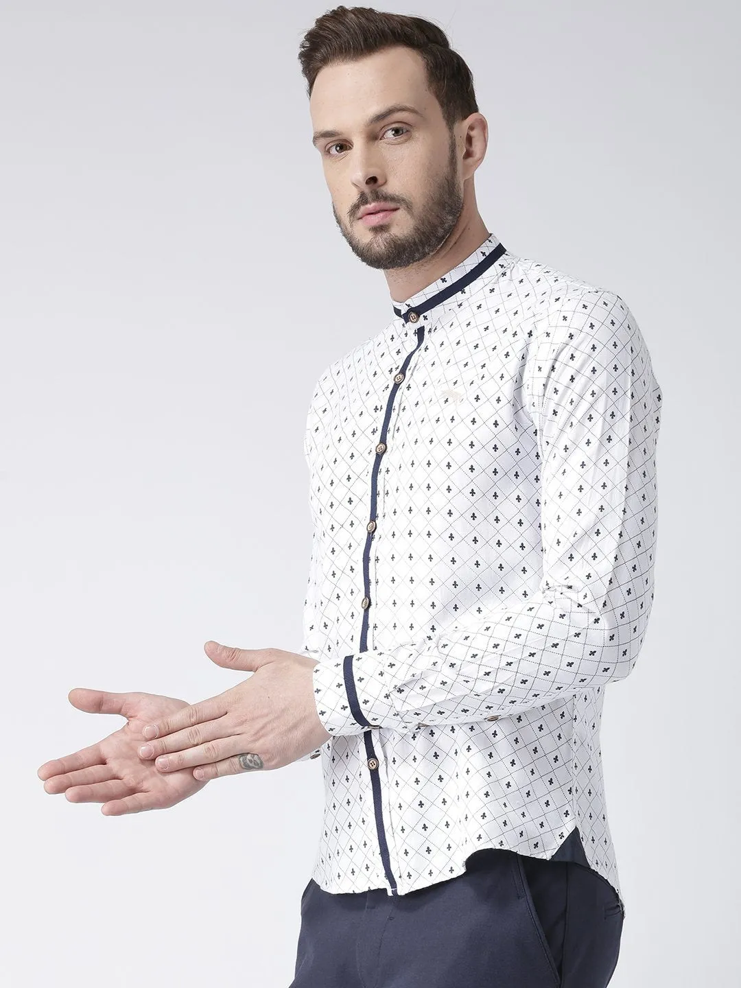 Men White Printed Cotton Slim Fit Shirt