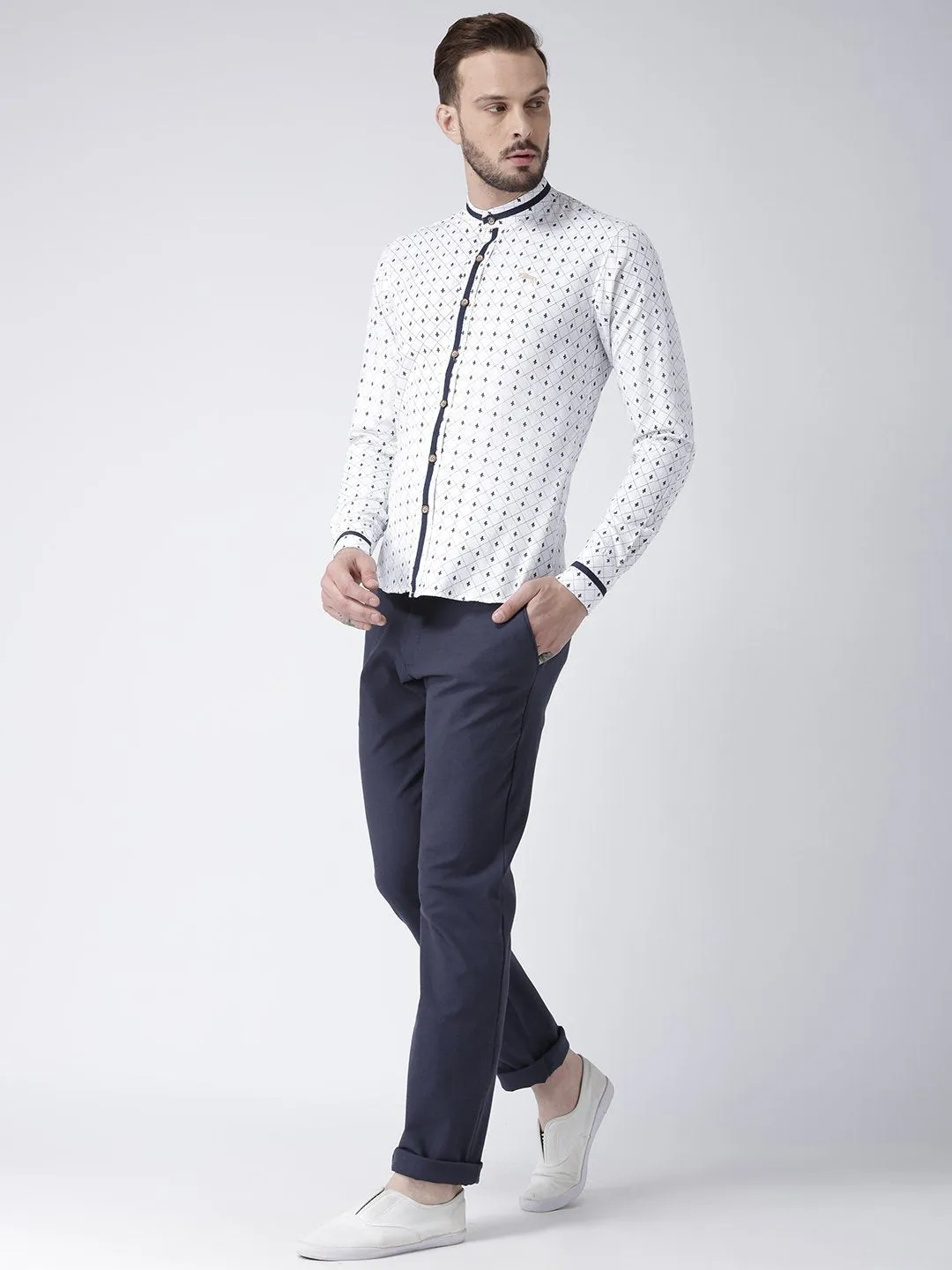 Men White Printed Cotton Slim Fit Shirt