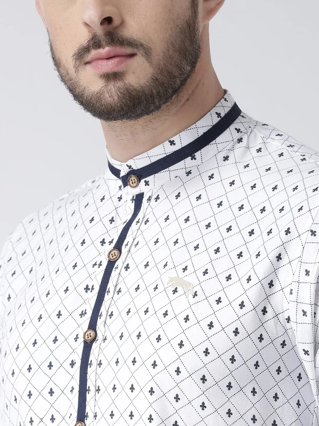 Men White Printed Cotton Slim Fit Shirt