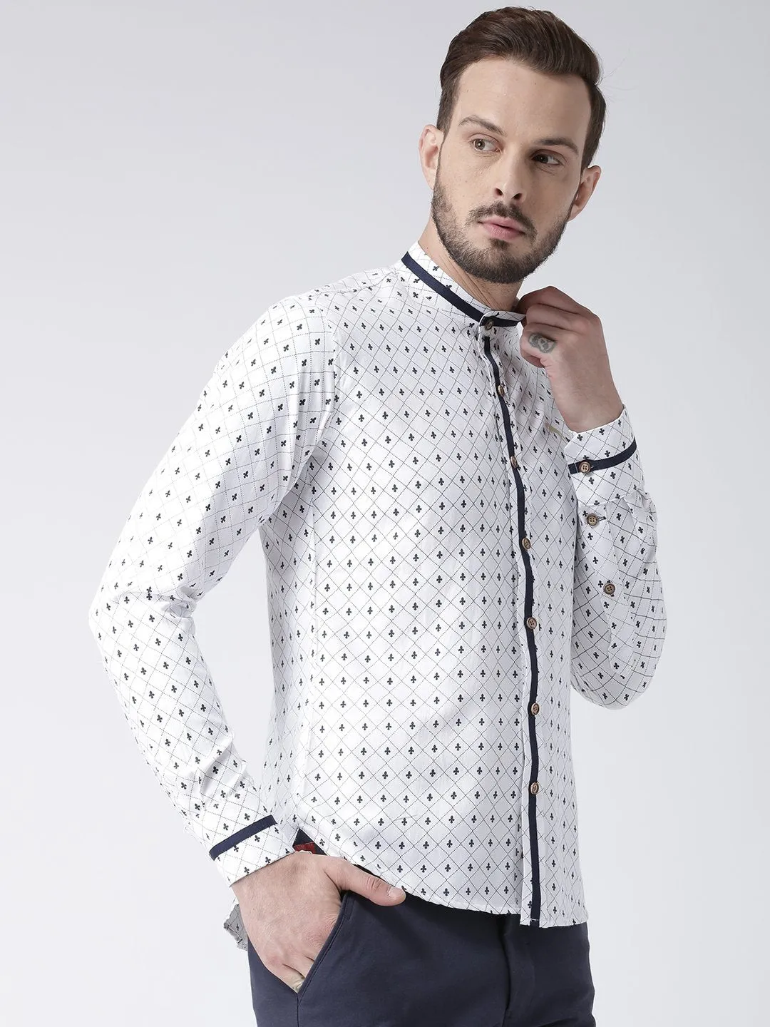 Men White Printed Cotton Slim Fit Shirt