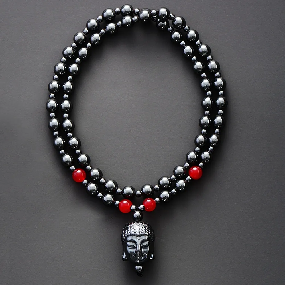 Natural Hematite Stone & Buddha Pendant Necklace