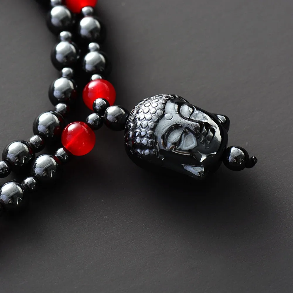 Natural Hematite Stone & Buddha Pendant Necklace