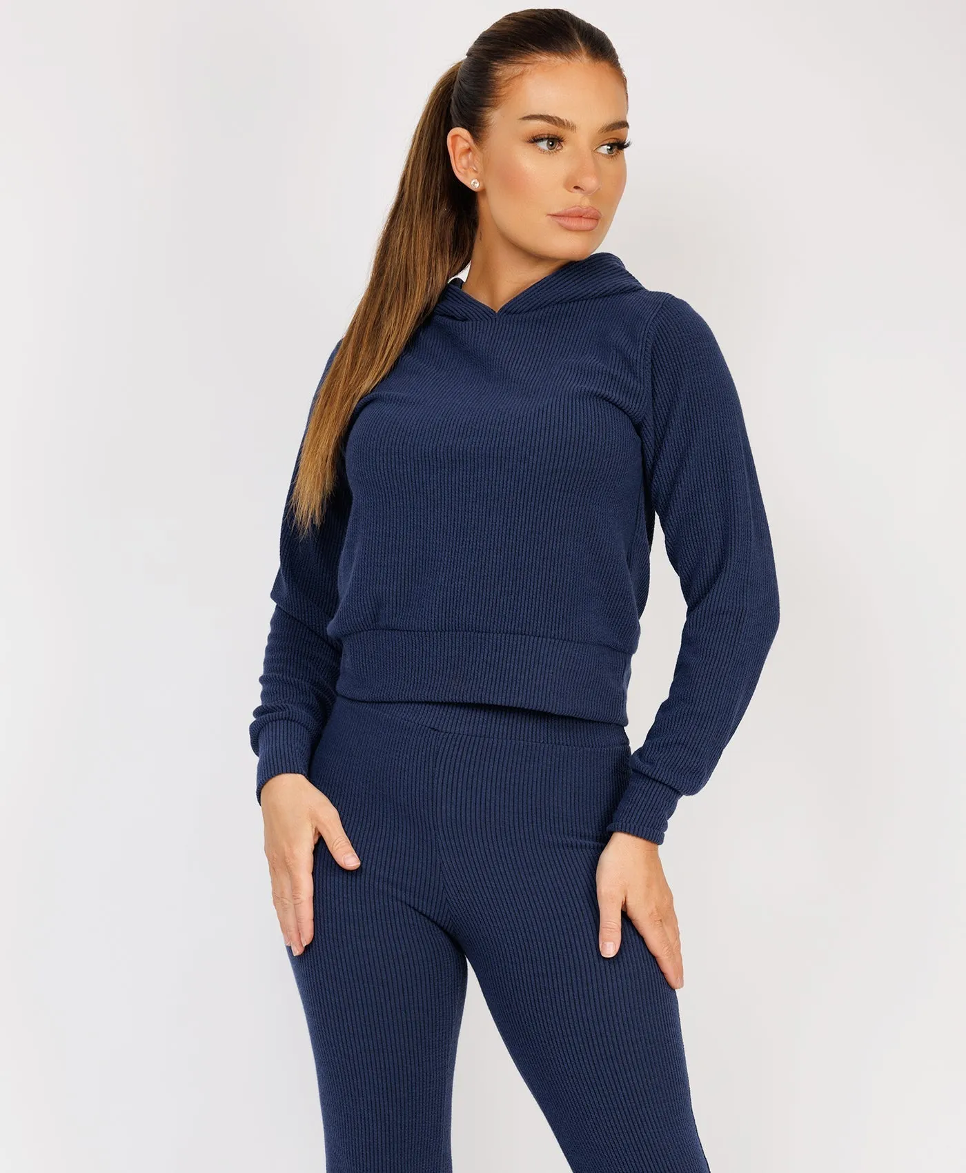 Navy Ribbed Hoody & Skinny Flare Trousers Loungewear Set