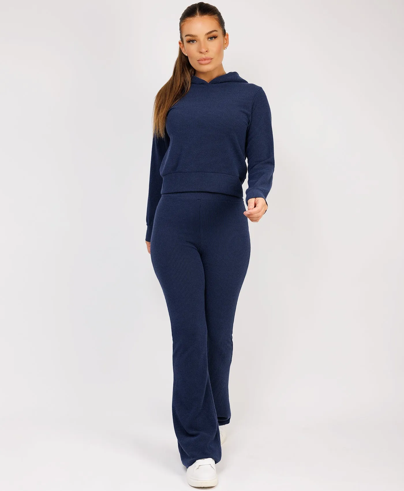 Navy Ribbed Hoody & Skinny Flare Trousers Loungewear Set