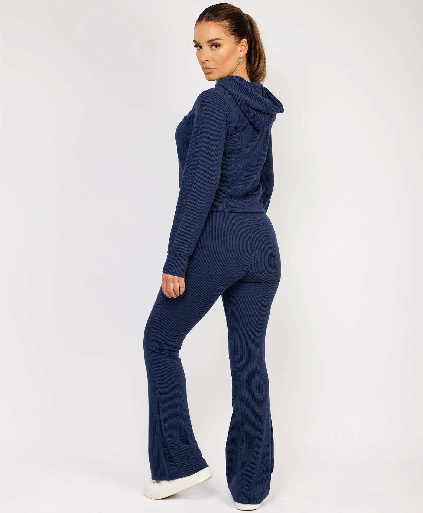 Navy Ribbed Hoody & Skinny Flare Trousers Loungewear Set