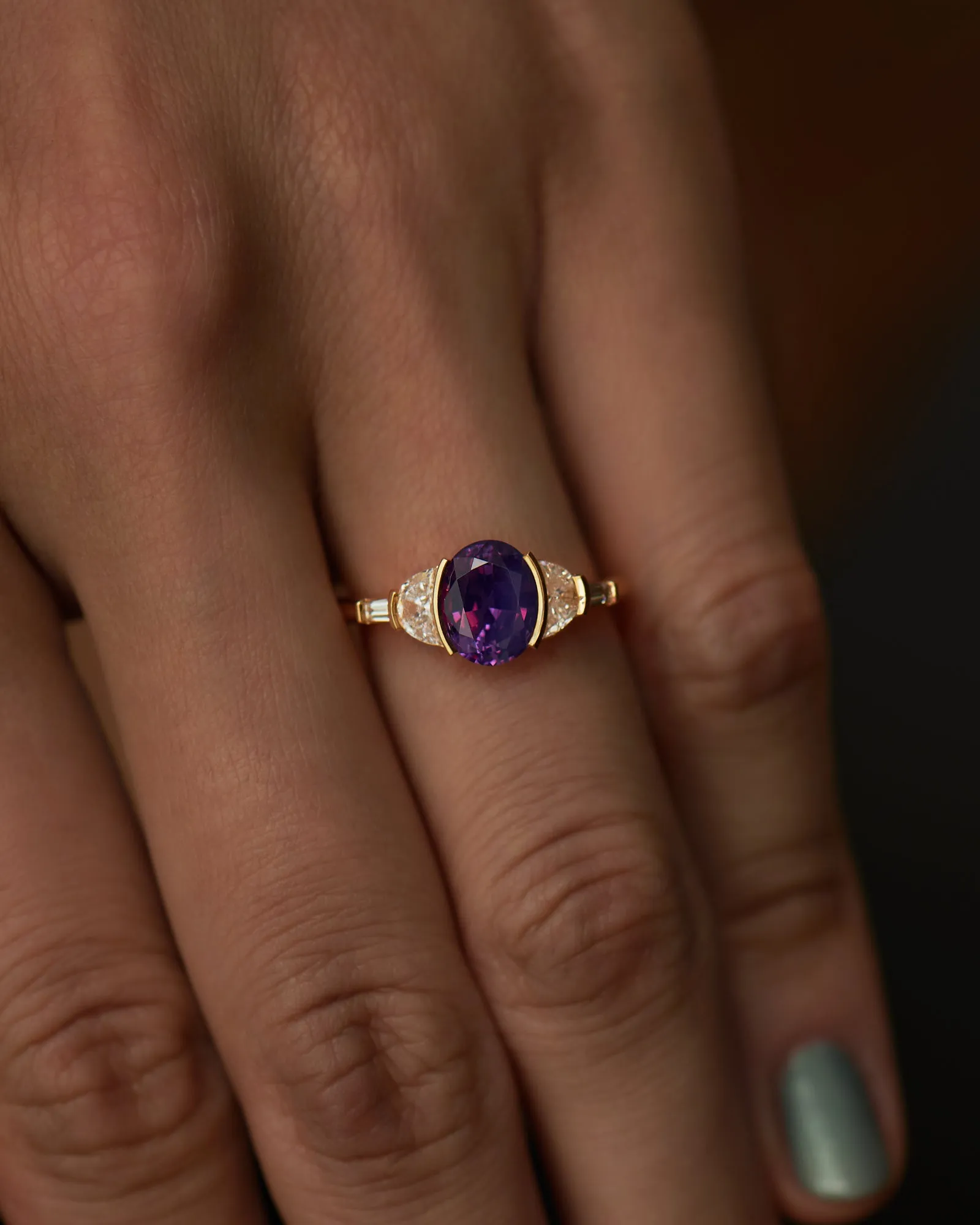 Neptune Violet Sapphire & Crescent Diamond Engagement Ring