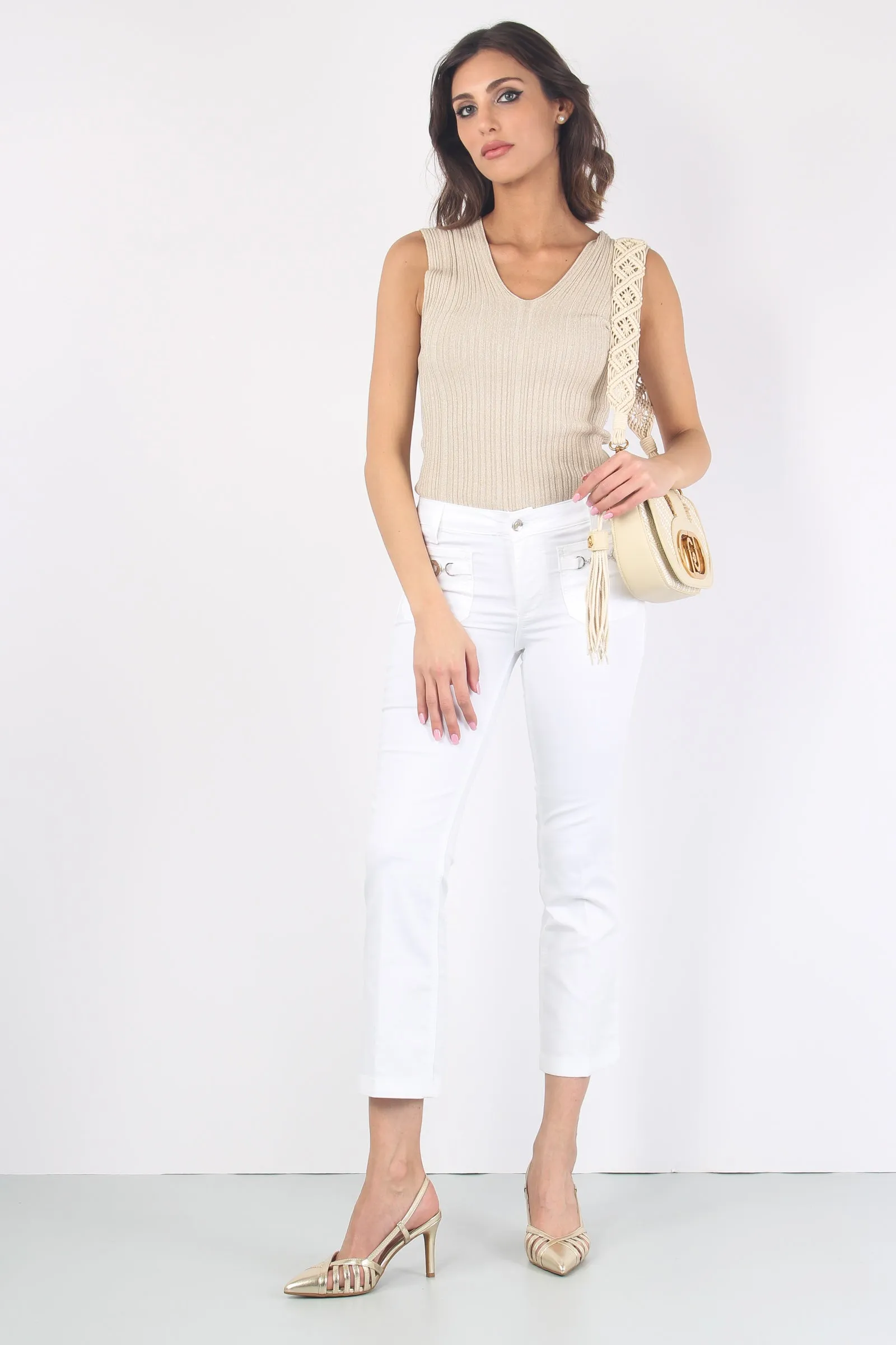 Pantalone Trombetta Tasche Fib Bianco Ottico