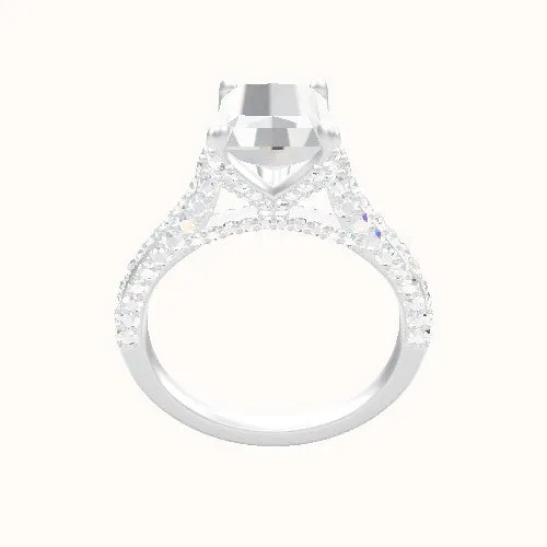 Petite Cathedral Three Row Engagement Ring With Pave Petal Four Prong Head