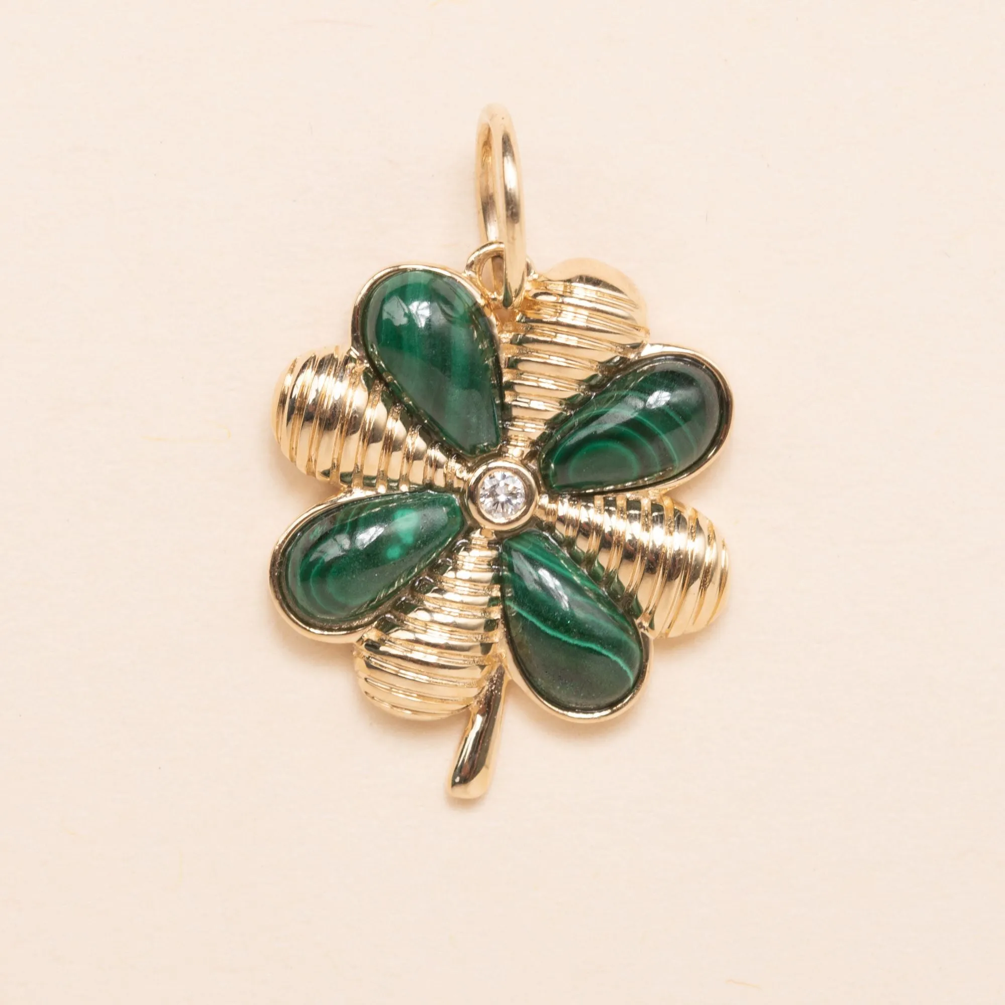 Petite Gold and Malachite Clover with Diamond center Pendant