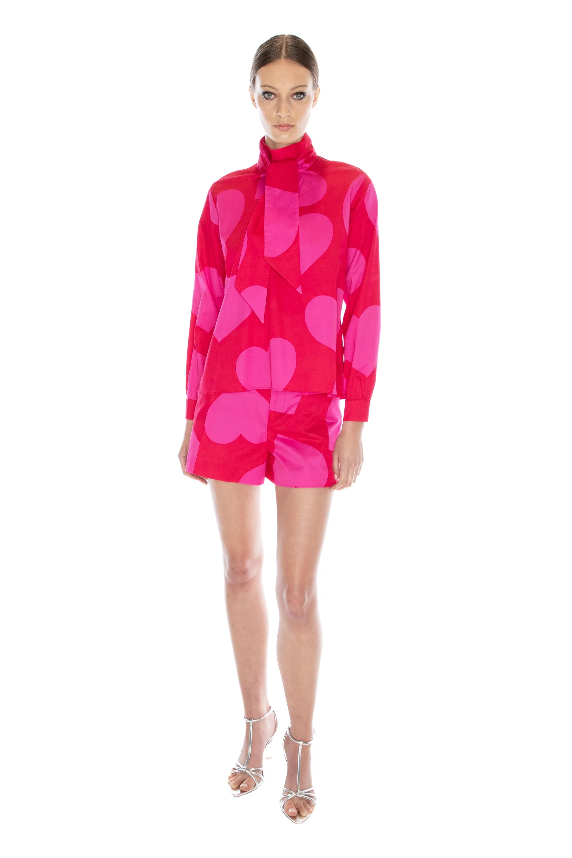 'PINKY RED HEARTS' SLIM KEITH TIE BLOUSE