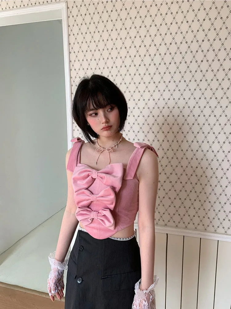 Ribbon Short Slim No-Sleeve Camisole Tops