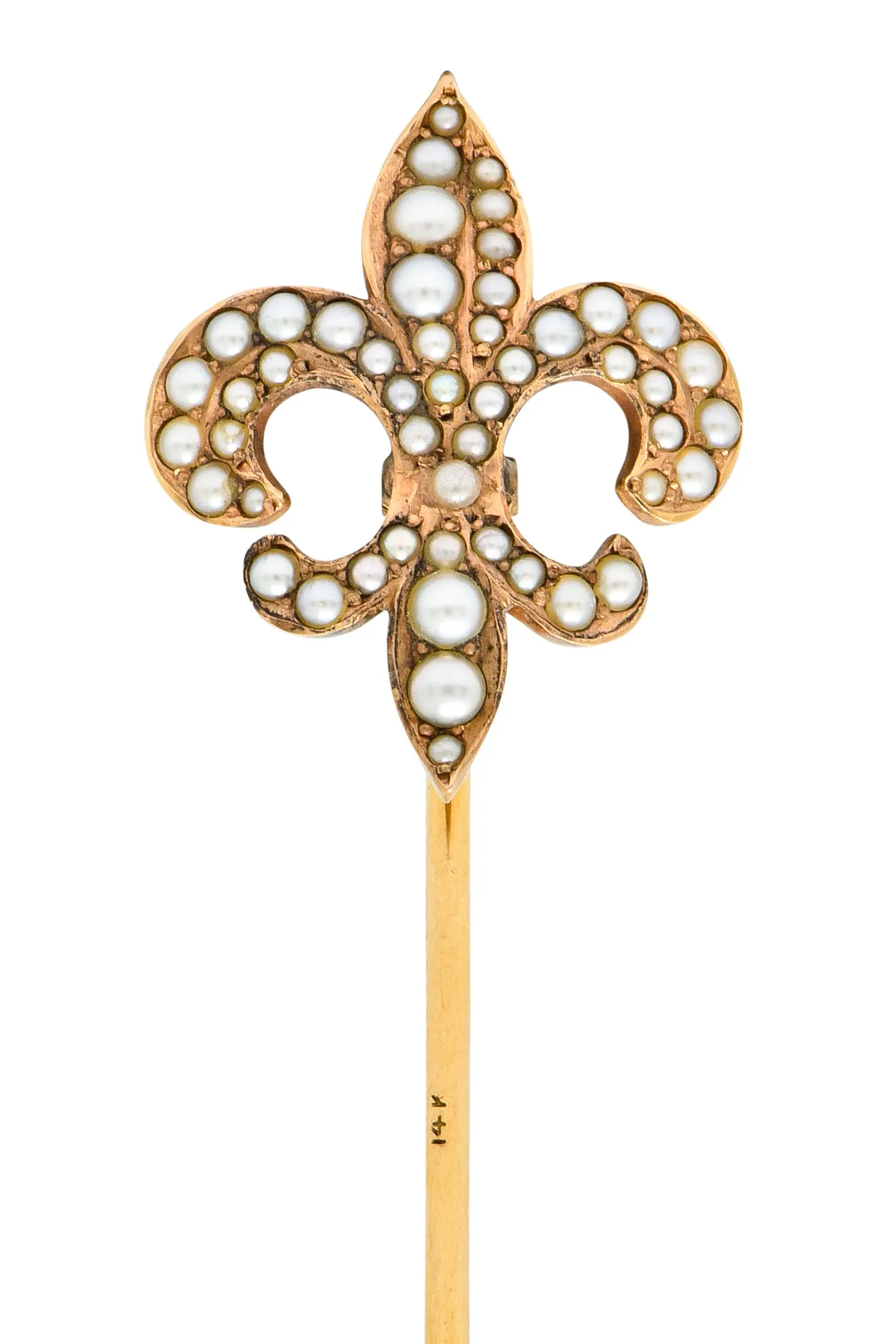 Riker Bros. Art Nouveau Seed Pearl 14 Karat Gold Fleur-De-Lis Stickpin