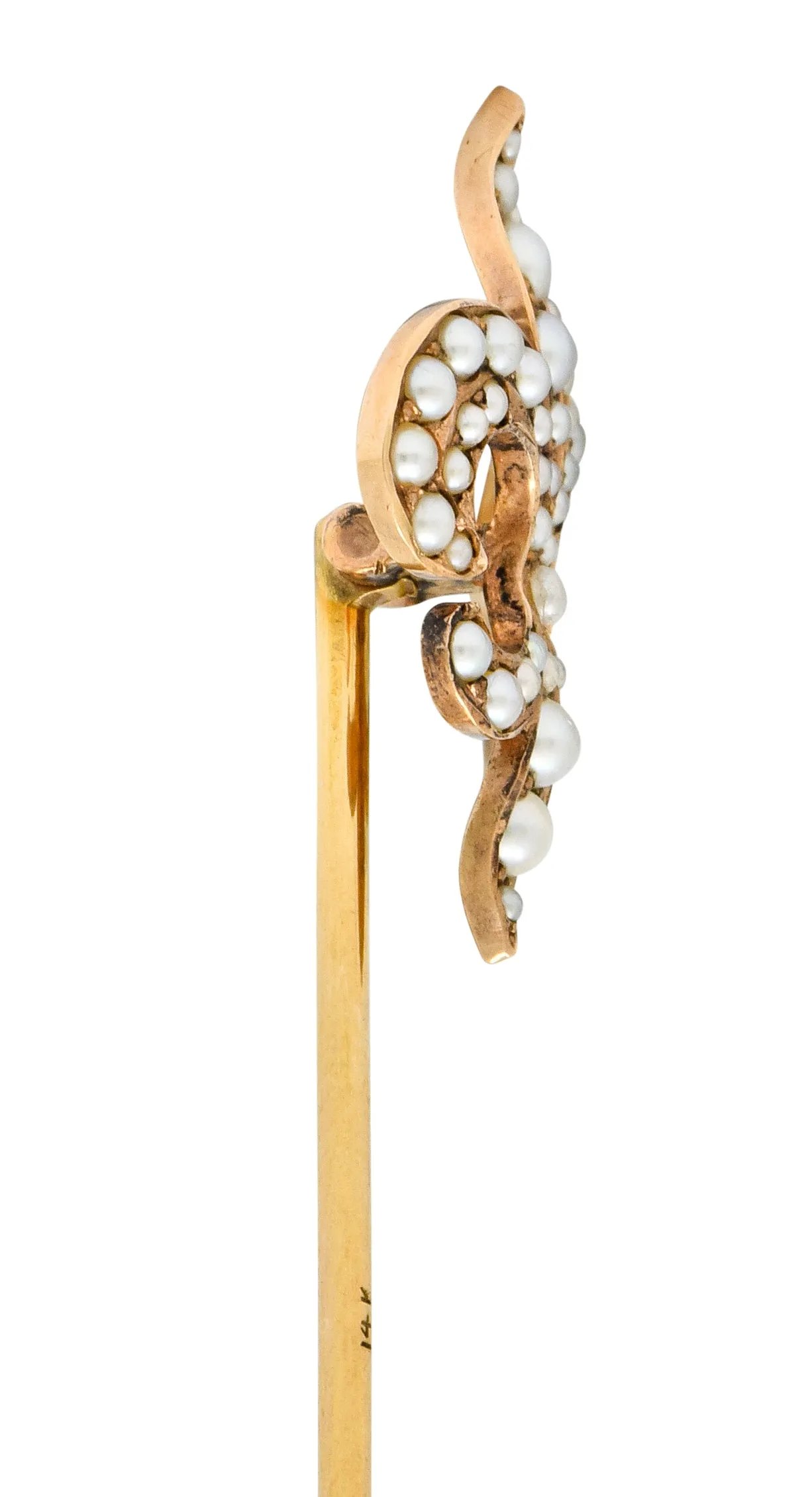 Riker Bros. Art Nouveau Seed Pearl 14 Karat Gold Fleur-De-Lis Stickpin