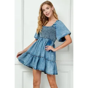 Sale Everafter Smocked Chest Tiered Skirt Denim Short Dress