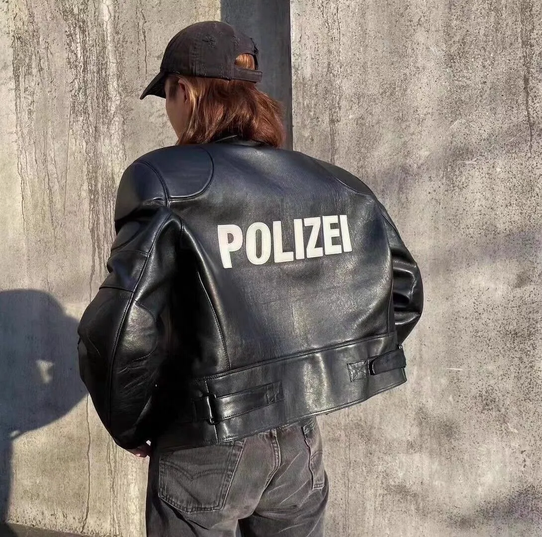 Self-made Vetements Motorcycle Leather Jacket Polizei Wild Man Biker Letter Print