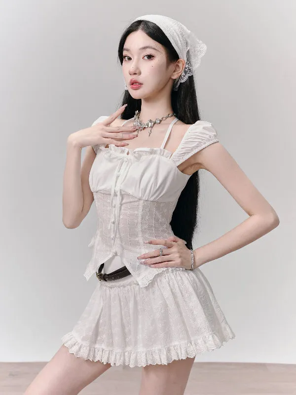 Set-Up Thin Lace Ribbon Feminine Slim Blouse＆Mnini-Skirt