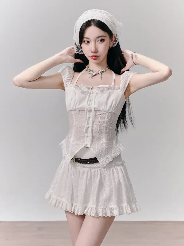 Set-Up Thin Lace Ribbon Feminine Slim Blouse＆Mnini-Skirt