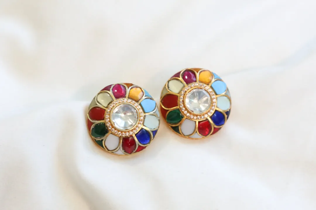 Uncut Moissanite Polki & Jadau Kundan Studs - Navratna