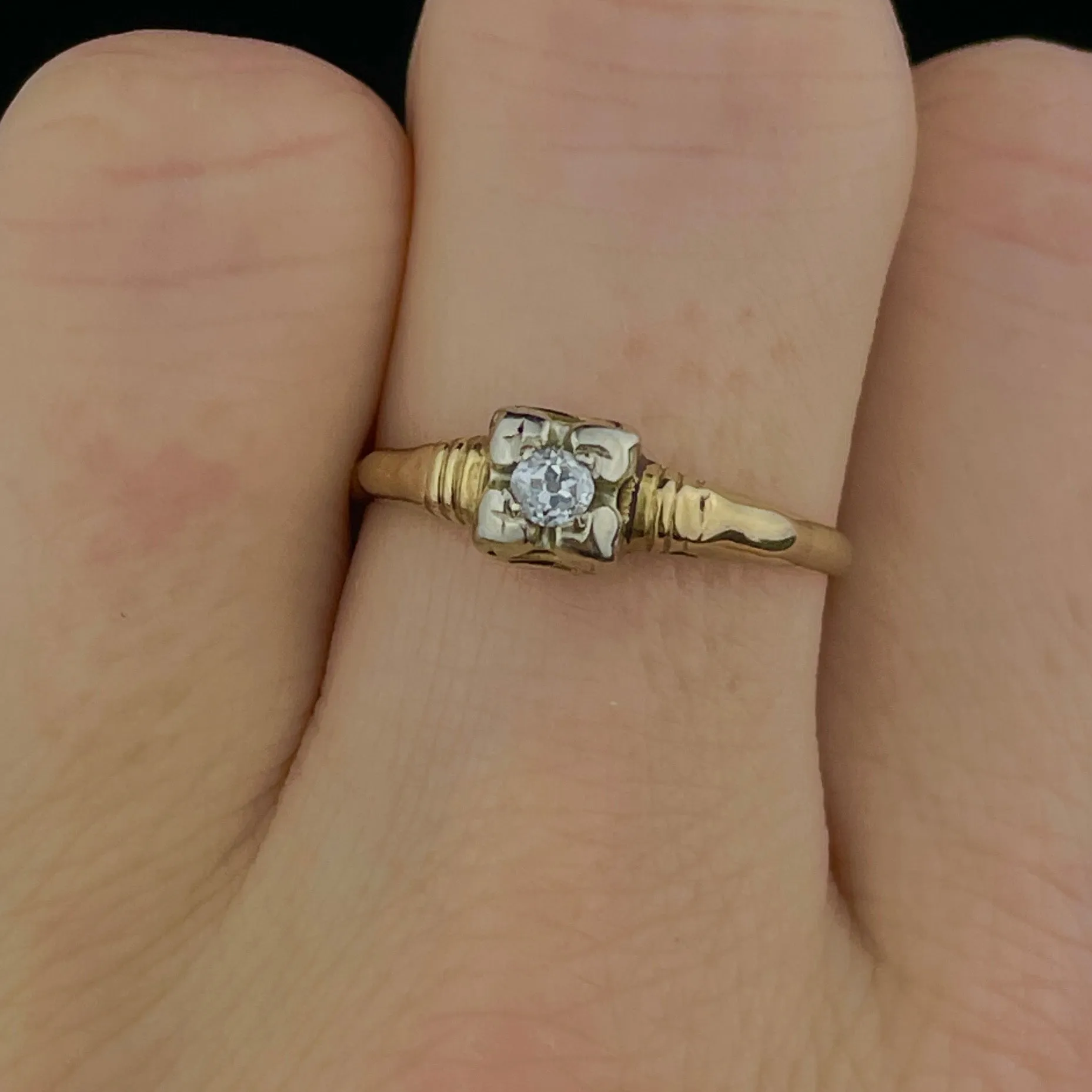 Vintage 14K Gold Diamond Art Deco Engagement Ring, Sz 7 3/4